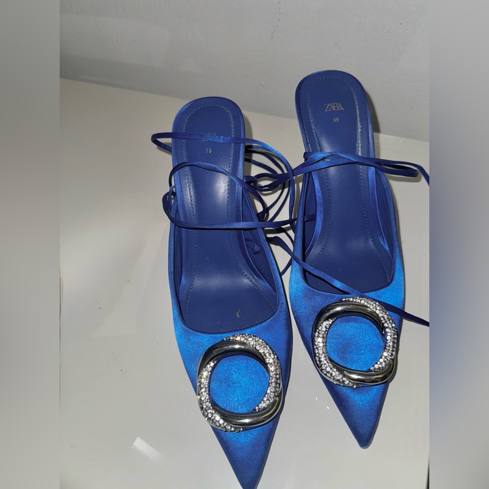 Zara Royal Blue Heels with Rhinestone Buckle